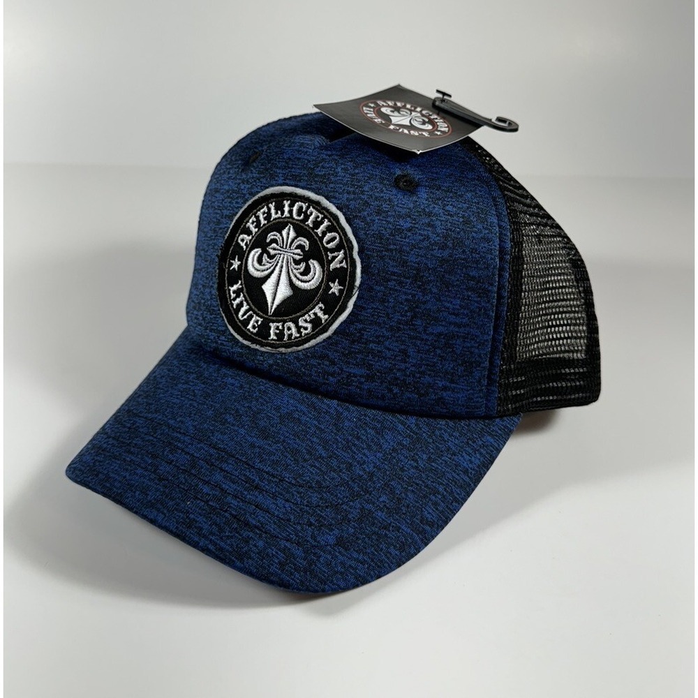 AFFLICTION Space Dye Live Fast Patch Snapback Trucker Hat Blue Black Men's *NEW*